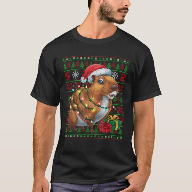 Capybara Xmas Lights Ugly Weihnachtsmannmütze Capy T-Shirt (Vorderseite)