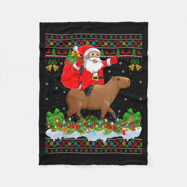Capybara Xmas Pajamas Ugly Santa Riding Capybara C Fleecedecke (Vorderseite)