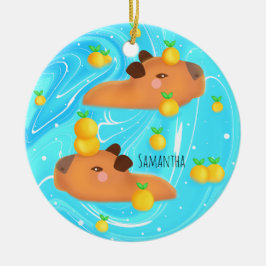 Capybaras in Wasser mit Orangen Keramik Ornament