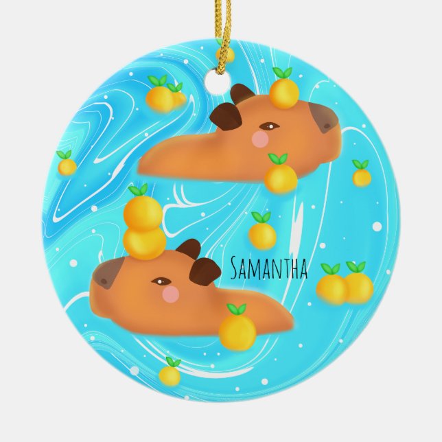 Capybaras in Wasser mit Orangen Keramik Ornament (Vorne)