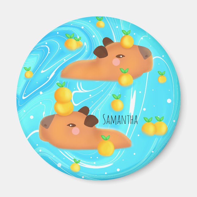 Capybaras in Wasser mit Orangen Magnet (Vorne)