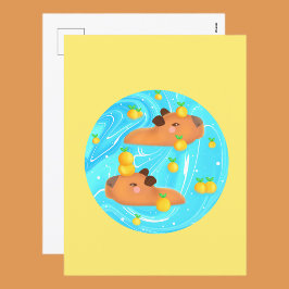 Capybaras in Wasser mit Orangen Postkarte