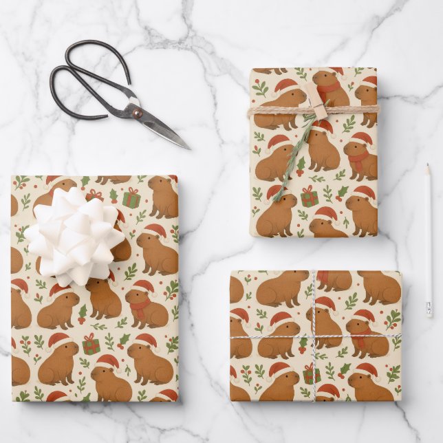 Capybaras zu Weihnachten Geschenkpapier Set (Vorderseite)