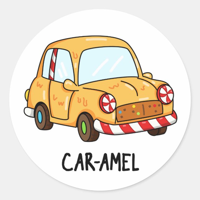 Car-amel Funny Candy Car Pun Runder Aufkleber (Vorderseite)