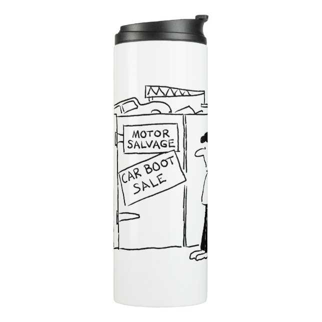 Car Breakers Scrapyard Car Boot Sale Cartoon Therm Thermosbecher (Nach links gedreht)