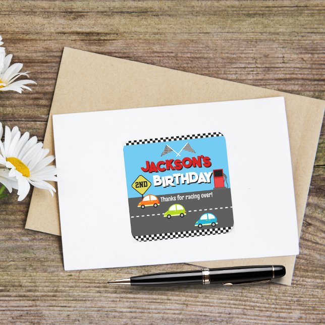Car Race Boy Birthday Vielen Dank Quadratischer Aufkleber (Von Creator hochgeladen)