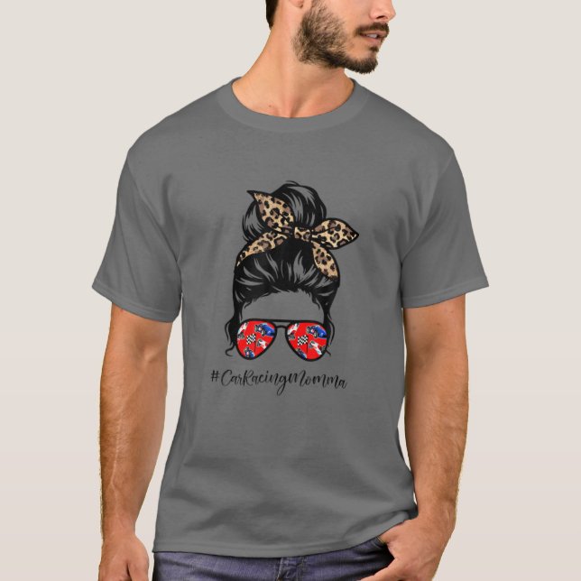 Car Racing Momma Messy Hair Bun Leopard Women Moth T-Shirt (Vorderseite)