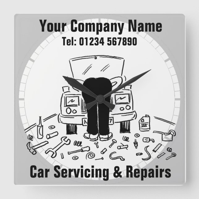 Car Servicing & Repairs Cartoon Quadratische Wanduhr (Vorderseite)
