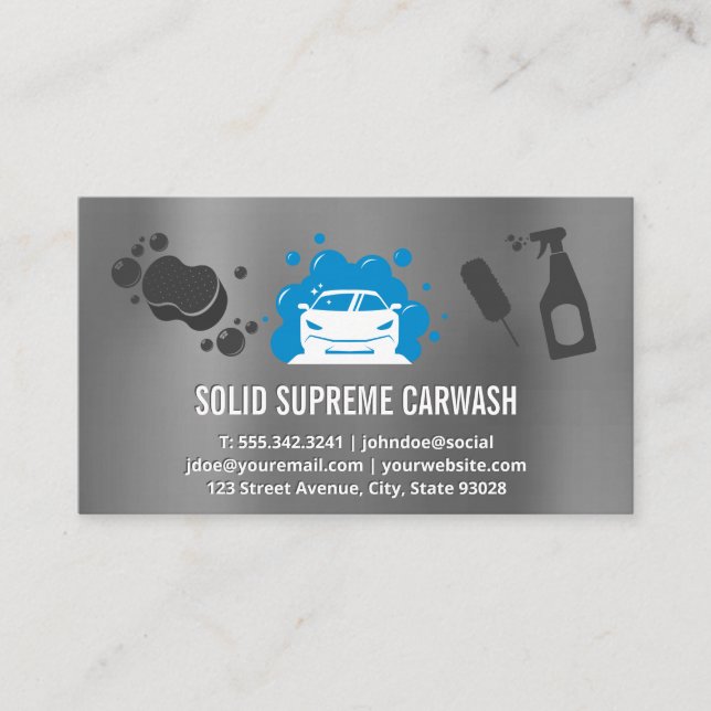 Car Wash | Auto und Blasen | Metallhintergrund Visitenkarte (Vorderseite)