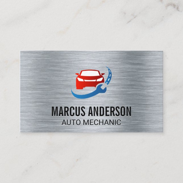 Car Wrench Road Logo | Hintergrund für metallisch  Visitenkarte (Vorderseite)