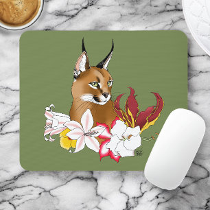 Caracal Wild Cat Floral Green Mousepad