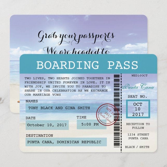 Caraïbes Dreamz Mariage Boarding Pass Invitation (Devant / Derrière)