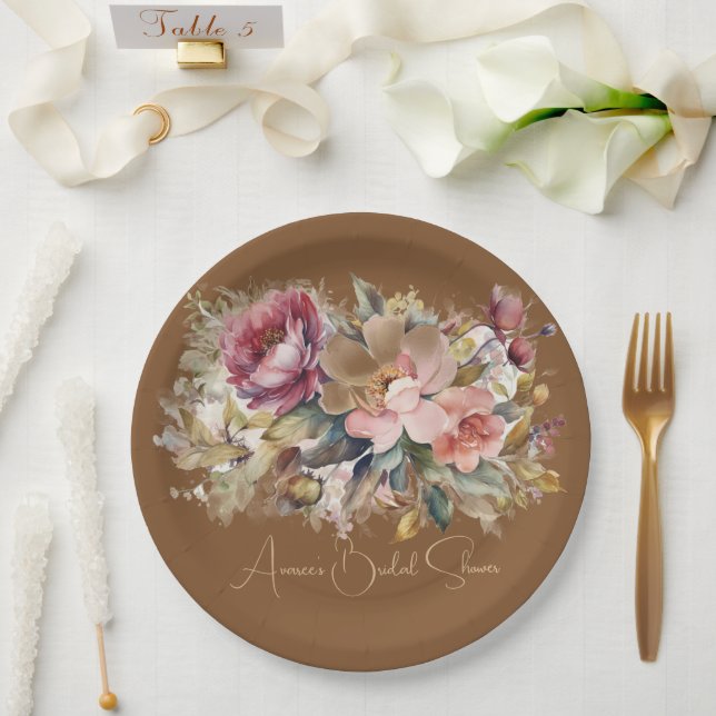 Caramel Brown Pink Peach Burgundy Blumendusche Pappteller (Hochzeit)