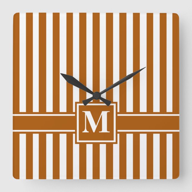 Caramel Moderner Streifen mit Monogramm Quadratische Wanduhr (Vorderseite)