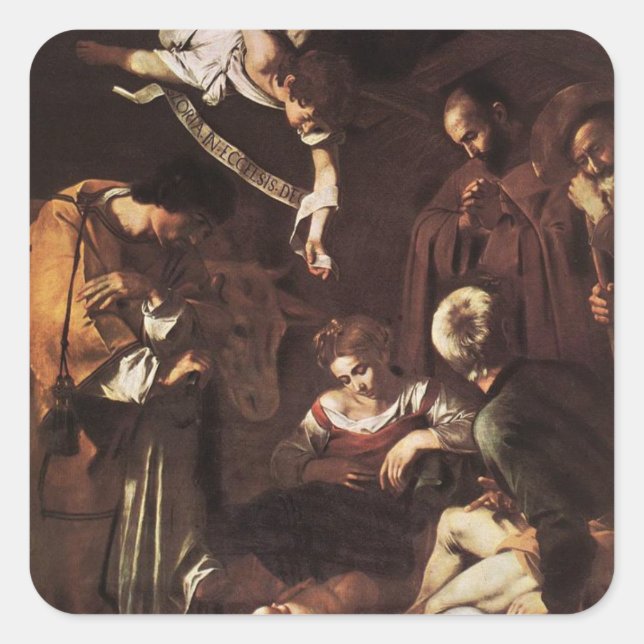 Caravaggio - Geburt mit St. Francis & St. Lawrence Quadratischer Aufkleber (Vorderseite)