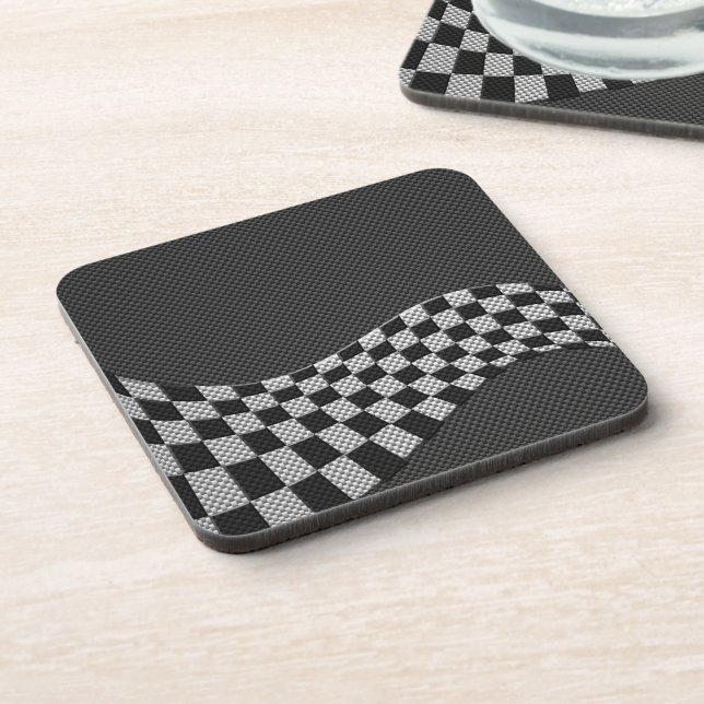 Carbon Fibre Racing Flag Schachbretts Wave Print Getränkeuntersetzer (Linke Seite)