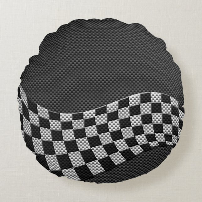 Carbon Fibre Racing Flag Schachbretts Wave Print Rundes Kissen (Vorderseite)