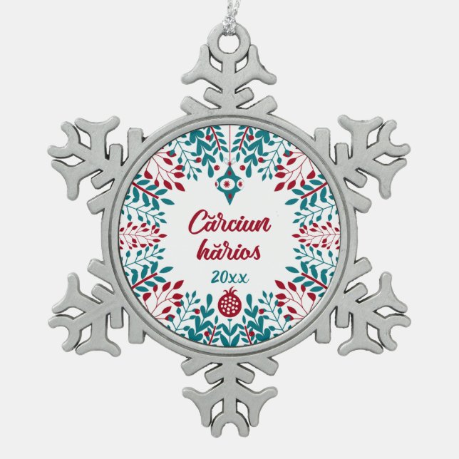 Cărciun hărios, Aromanian Vlach Weihnachtsgrüße Schneeflocken Zinn-Ornament (Vorderseite)