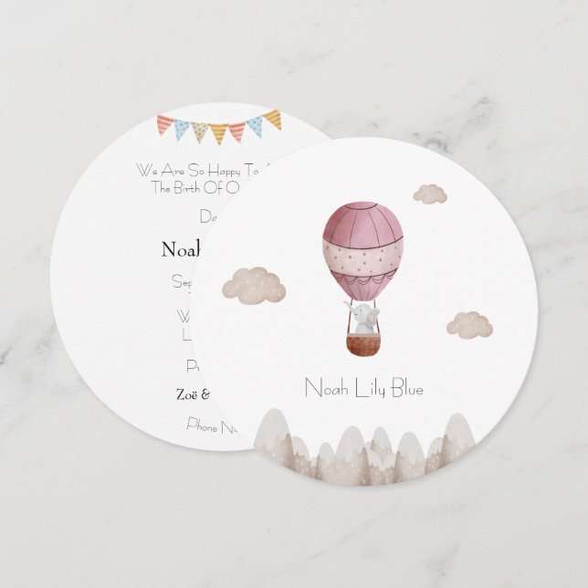 Card (Circle) - Birth Announcement Elephant Einladung (Vorne/Hinten)