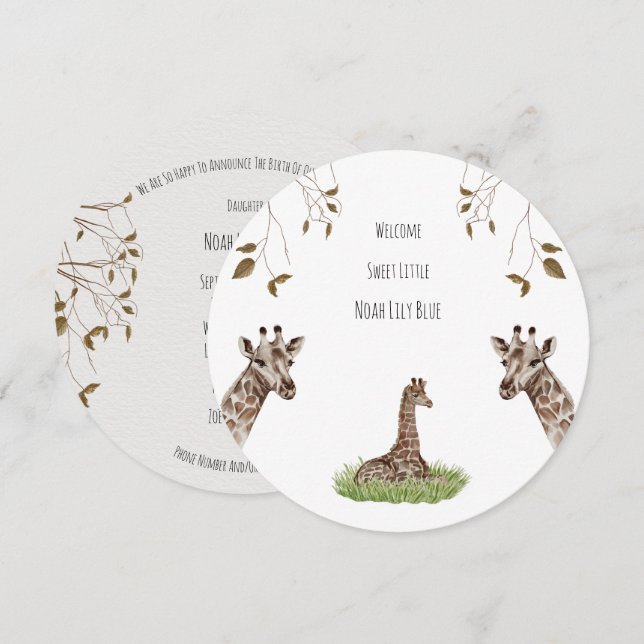 Card (Circle) - Birth Announcement Giraffe Einladung (Vorne/Hinten)