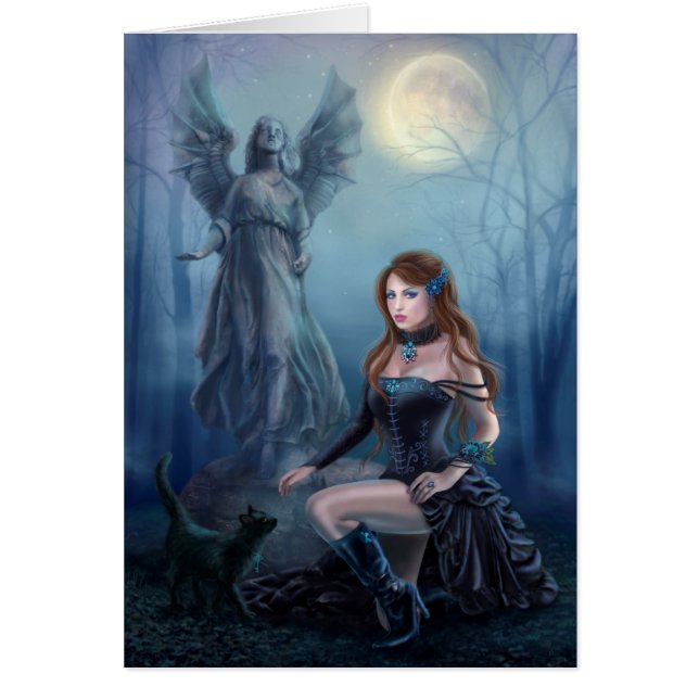 Card Fantasy beautiful woman mit schwarzer Katze (Vorne)