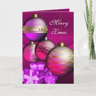 Card Merry Xmas Plum Pink Balls Feiertagskarte