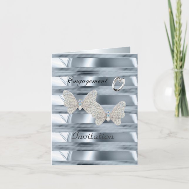 Card Verlobung Silver Blue Ring Butterfly Einladung (Vorderseite)
