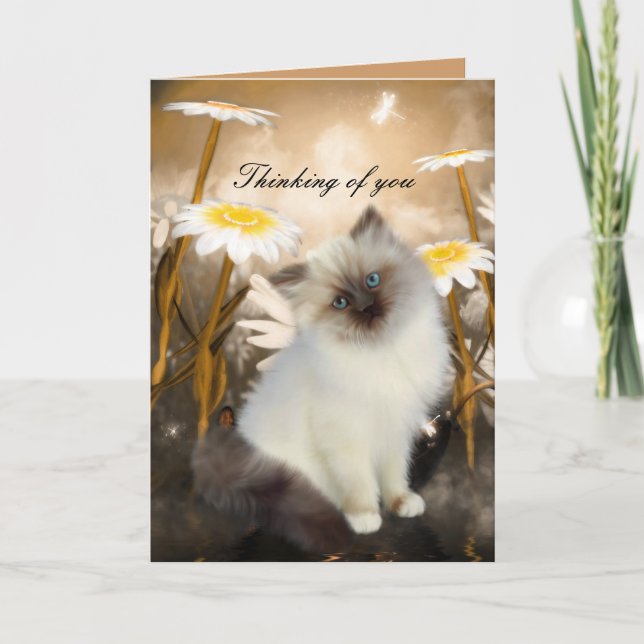 Card White Cat Kitten Blume "Denken Sie an Sie" Karte (Vorderseite)
