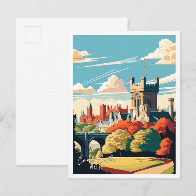 Cardiff Castle Wales Vintage Reise Illustration Postkarte (Vorne/Hinten)