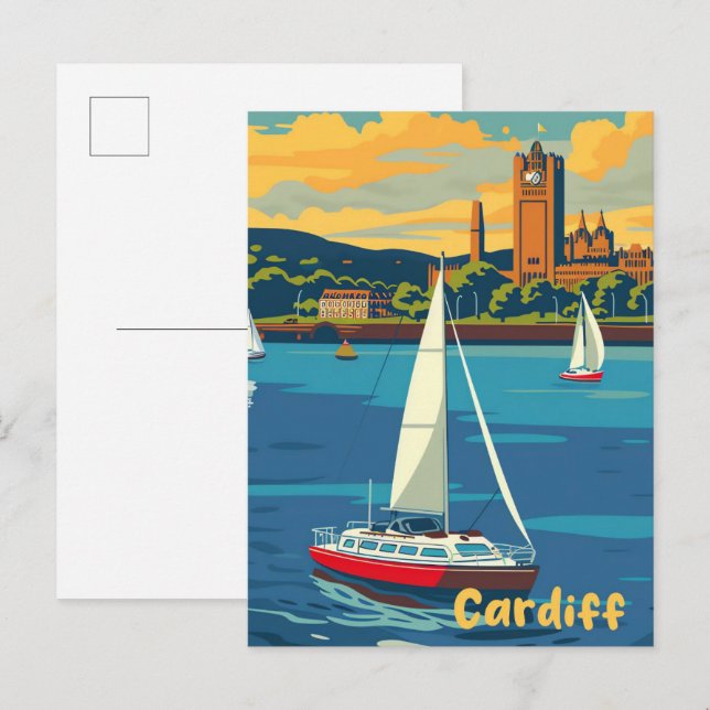 Cardiff Wales Vintag Retro Travel Illustration Postkarte (Vorne/Hinten)