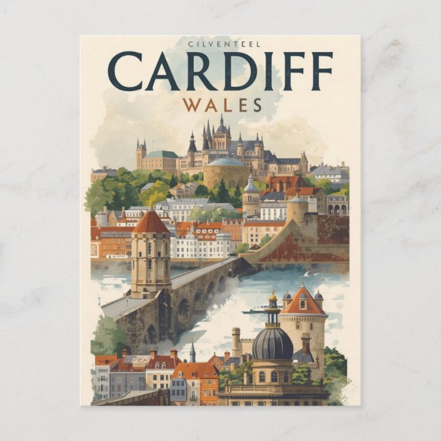 Cardiff Wales Vintage Retro Travel  Postkarte (Vorderseite)