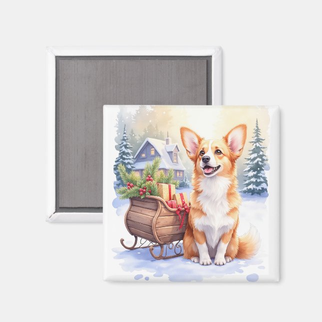 Cardigan Welsh Corgi Festive Schlitten Weihnachtsk Magnet (Vorderseite/Rückseite)