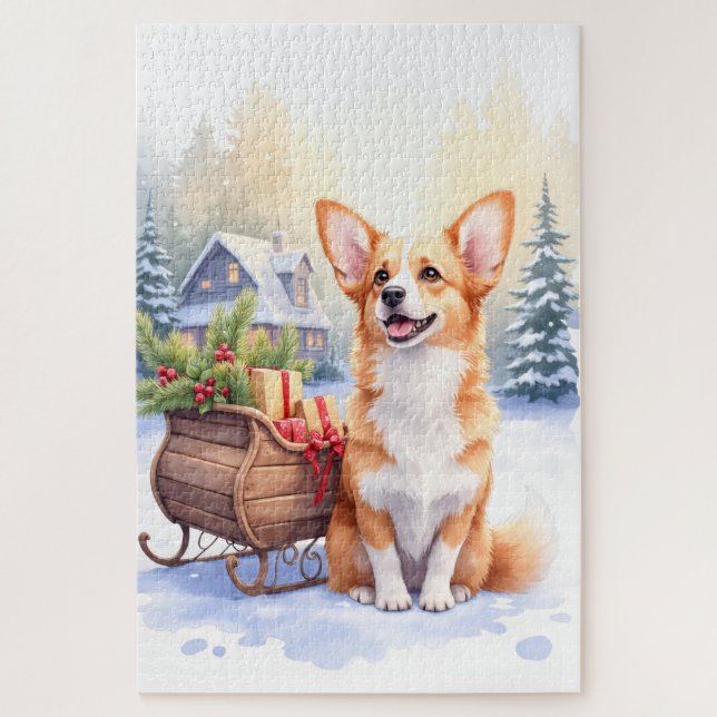 Cardigan Welsh Corgi Festive Sleigh Christmas Art (Vertikal)