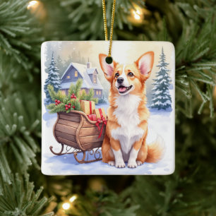 Cardigan Welsh Corgi Festlicher Schlitten Weihnach Keramikornament