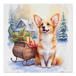 Cardigan Welsh Corgi Festlicher Schlitten Weihnach Poster