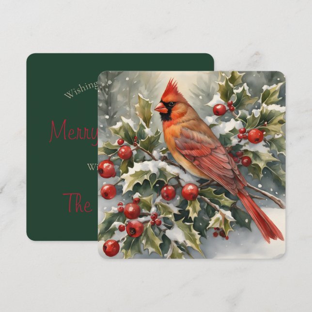 Cardinal aquarelle et carte de Noël Holly (Devant / Derrière)