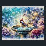 Cardinal at Birdbath Dreamy Garden Ar Poster<br><div class="desc">This whimsical garden illustration captures a peaceful moment in nature—a vibrant cardinal perched in a birdbath, surrounded by blooming flowers, soft watercolor foliage, and glowing specks of light that feel like fireflies drifting through a twilight garden. The gentle ripples in the water and the delicate bird in flight nearby create...</div>