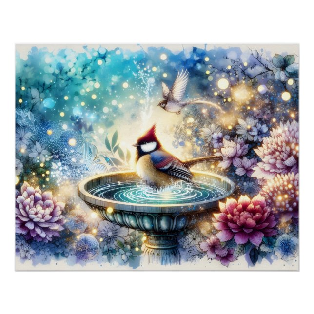 Cardinal at Birdbath Dreamy Garden Ar Poster (Vorderseite)
