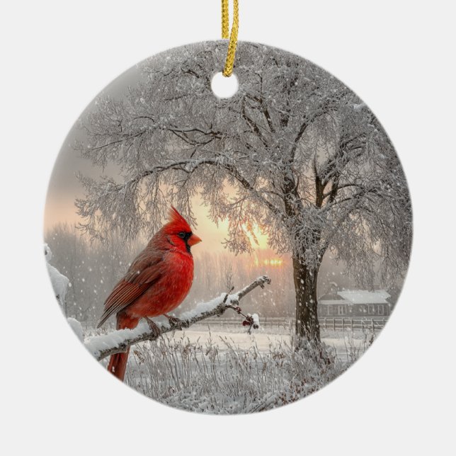 Cardinal On a Snowy Branch Ceramic Circle Ornament (Vorne)