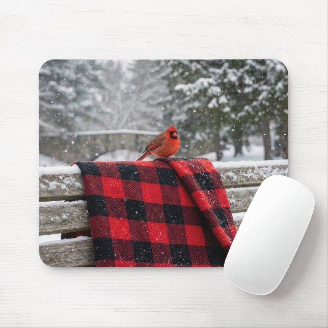 Cardinal On a Snowy Plaid Blanket Mousepad (Mit Mouse)