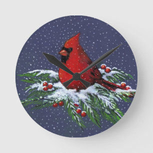 Cardinal on Snowy Pine Branch: Christmas: Artwork Runde Wanduhr