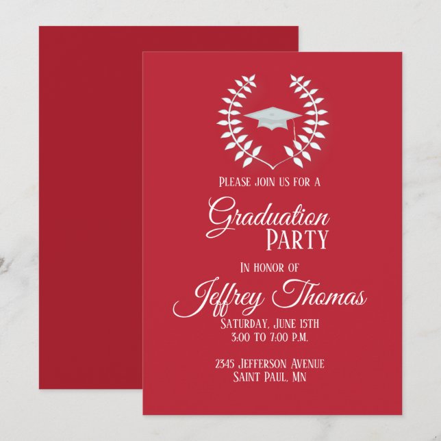 Cardinal Red Casquette & Feuille Grad Invitation 5 (Devant / Derrière)