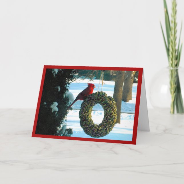 Cardinal rouge sur la carte de vacances Wreath (Devant)