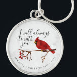 Cardinal Snow Christmas Remembrance Schlüsselanhänger<br><div class="desc">Honor your loved one with this cardinal on a snow covered branch memorial tribute. The message reads "I will always be with you" and you can personalize this item with a name and dates. This is a beautiful keepsake that can be given to family and friends at the funeral or...</div>
