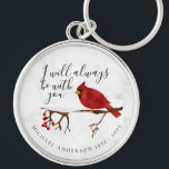 Cardinal Snow Christmas Remembrance Schlüsselanhänger<br><div class="desc">Honor your loved one with this cardinal on a snow covered branch memorial tribute. The message reads "I will always be with you" and you can personalize this item with a name and dates. This is a beautiful keepsake that can be given to family and friends at the funeral or...</div>