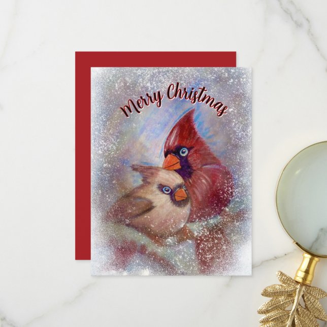 Cardinals Carte de Noël Peinture d'art personnalis (Devant/Arrière en situation)