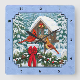 Cardinals Christmas Feast Blue Quadratische Wanduhr