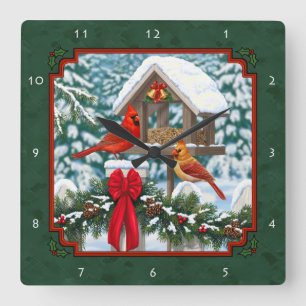 Cardinals Christmas Feast Green Quadratische Wanduhr