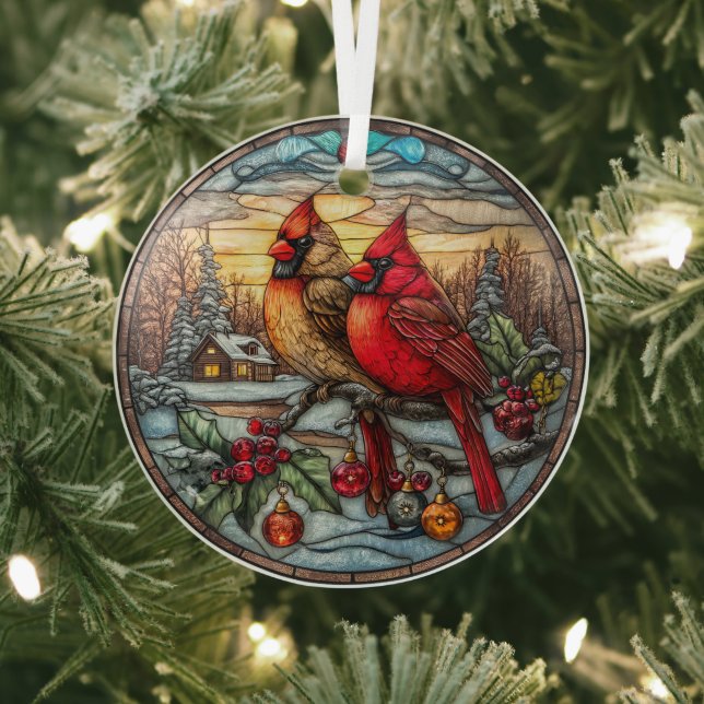 Cardinals on Snowy Branch with Holly Ornament Aus Glas (InSitu)