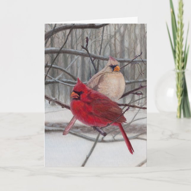 Cardinaux dans la carte de vacances de neige (Devant)